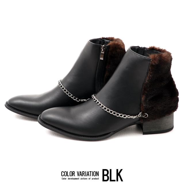 ブーツ メンズ SB select シルバーバレットセレクト チェーン付きレザー×ファーブーツ 即日発送 靴 シューズ ショートブーツ ヒール チェーン ファー PUレザー 合皮 25cm 25.5cm 26cm 26.5cm 27cm 27.5cm ブラック グレー 黒 秋 冬 [CLE-553]