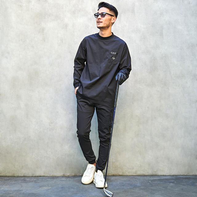 PXG ゴルフウェア メンズ ハイネックTシャツ パンツ2点セット 秋冬 ゴルフウェア セットアップ メンズ 上下セット 総柄ロゴ ゴルフ
