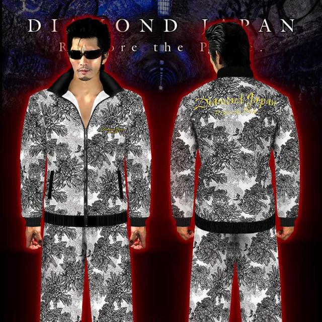 菊総柄 バロック柄 長袖 セットアップ ジャージ 白×黒 ヤクザ ヤンキー