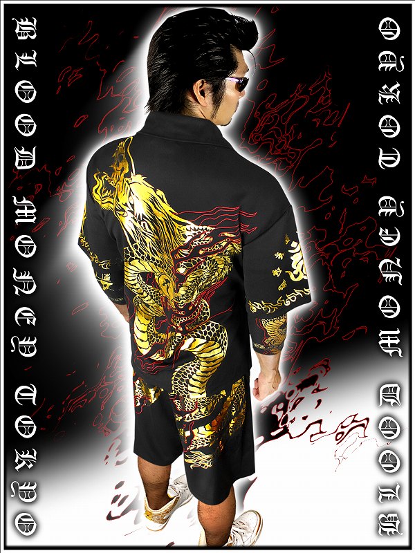 送料無料13016黒×金 BLOODMONEYTOKYO半袖セットアップ 龍神 悪羅悪羅系
