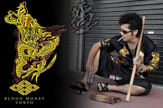 送料無料13016黒×金 BLOODMONEYTOKYO半袖セットアップ 龍神 悪羅悪羅系