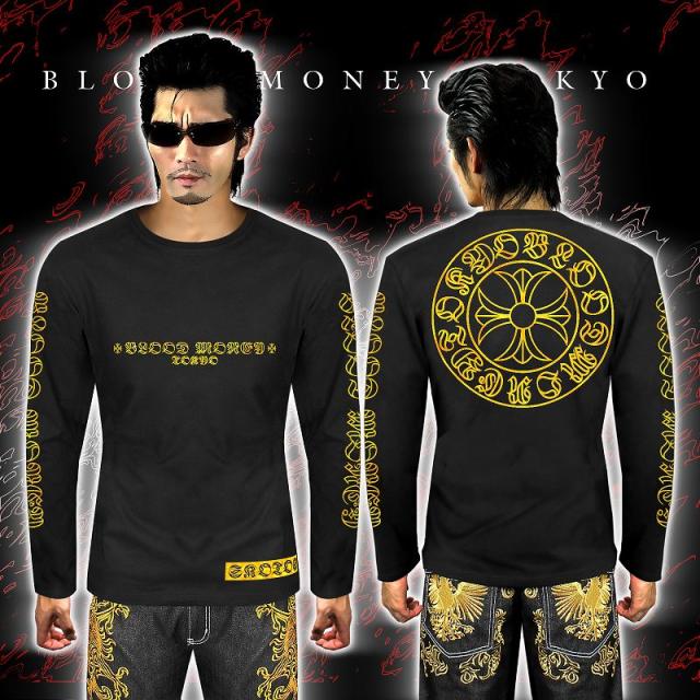 送料無料 14022黒-金 ヤクザブランド長袖Tシャツ ロンT サークル