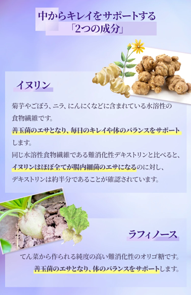 中からキレイをサポートする「2つの成分」イヌリン菊芋やごぼう、ニラ、にんにくなどに含まれている水溶性の食物繊維です。善玉菌のエサとなり、毎日のキレイや体のバランスをサポートします。同じ水溶性食物繊維である難消化性デキストリンと比べると、イヌリンはほぼ全てが腸内細菌のエサになるのに対し、デキストリンは約半分であることが確認されています。ラフィノースてん菜から作られる純度の高い難消化性のオリゴ糖です。善玉菌のエサとなり、体のバランスをサポートします。