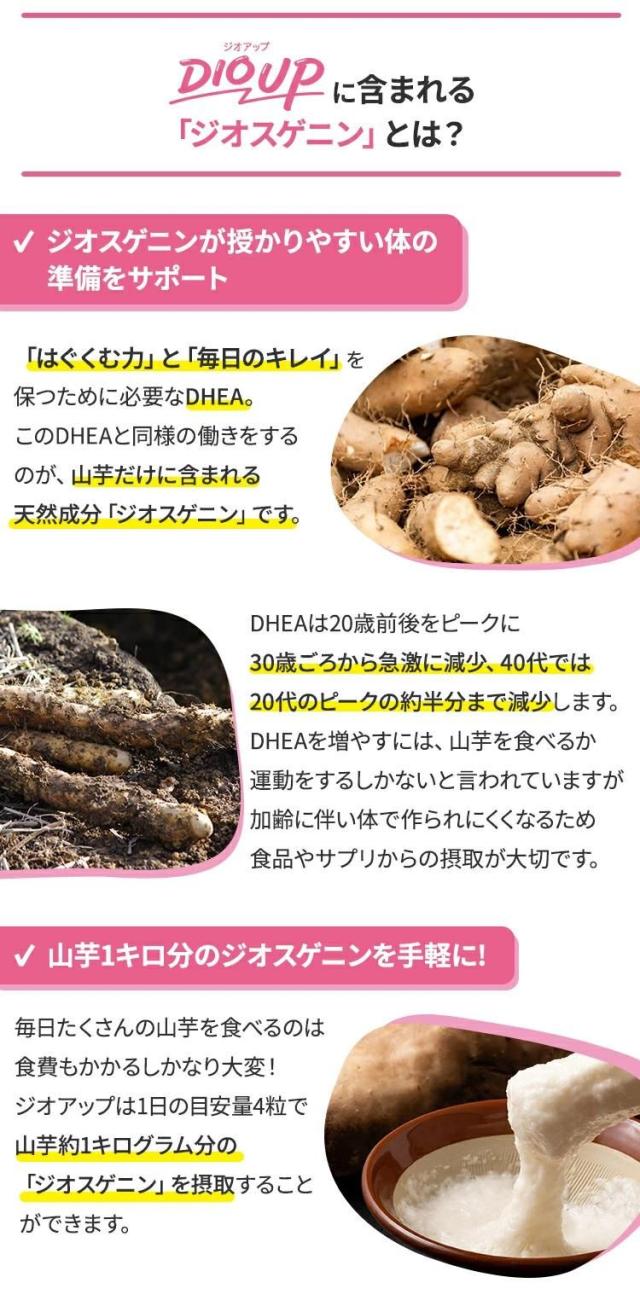 ジオアップに含まれる「ジオスゲニン」とは？ジオスゲニンが授かりやすい体の準備をサポート「はぐくむ力」と「毎日のキレイ」を保つために必要なDHEA。このDHEAと同様の働きをするのが、山芋だけに含まれる天然成分「ジオスゲニン」です。DHEAは20歳前後をピークに30歳ごろから急激に減少、40代では20代のピークの約半分まで減少します。DHEAを増やすには、山芋を食べるか、運動をするしかないと言われていますが、加齢に伴い体で作られにくくなるため、食品やサプリからの摂取が大切です。山芋1キロ分のジオスゲニンを手軽に毎日たくさんの山芋を食べるのは食費もかかるしかなり大変！ジオアップは1日の目安量4粒で、山芋約1キログラム分の「ジオスゲニン」を摂取することができます。
