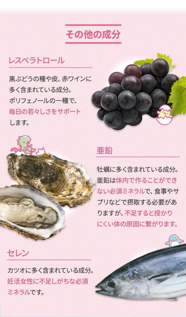 その他の成分レスベラトロール黒ぶどうの種や皮、赤ワインに多く含まれている成分。ポリフェノールの一種で、毎日の若々しさをサポートします。亜鉛牡蠣に多く含まれている成分。亜鉛は体内で作ることができない必須ミネラルで食事やサプリなどで摂取する必要がありますが、不足すると授かりにくい体の原因に繋がります。セレンカツオに多く含まれている成分。妊活女性に不足しがちな必須ミネラルです。
