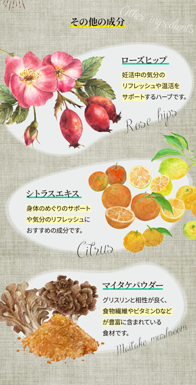 その他の成分ローズヒップ妊活中の気分のリフレッシュや温活をサポートするハーブです。シトラスエキス身体のめぐりのサポートや気分のリフレッシュにおすすめの成分です。マイタケパウダーグリスリンと相性が良く、食物繊維やビタミンDなどが豊富に含まれている食材です。
