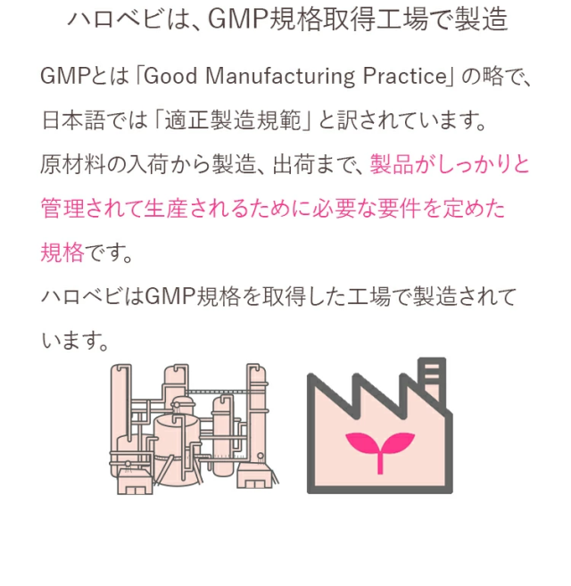 ハロベビは、GMP規格取得工場で製造 GMPとは「Good Manufacturing Practice」の略で、日本語では「適正製造規範」と訳されています。原材料の入荷から製造、出荷まで、製品がしっかりと管理されて生産されるために必要な要件を定めた規格です。ハロベビはGMP規格を取得した工場で製造されています。