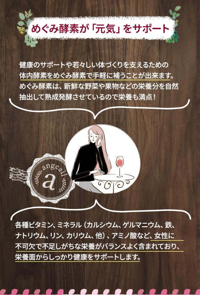 めぐみ酵素が「元気」をサポート健康のサポートと若々しい体づくりを支えるための体内酵素を、めぐみ酵素で手軽に補うことが出来ます。めぐみ酵素は、新鮮な野菜や果物などの栄養分を自然抽出して熟成発酵させているので栄養も満点！各種ビタミン、ミネラル（カルシウム、ゲルマニウム、鉄、ナトリウム、リン、カリウム、他）、アミノ酸など、妊活女性に不可欠で不足しがちな栄養がバランスよく含まれており、栄養面からもしっかり健康をサポートします。