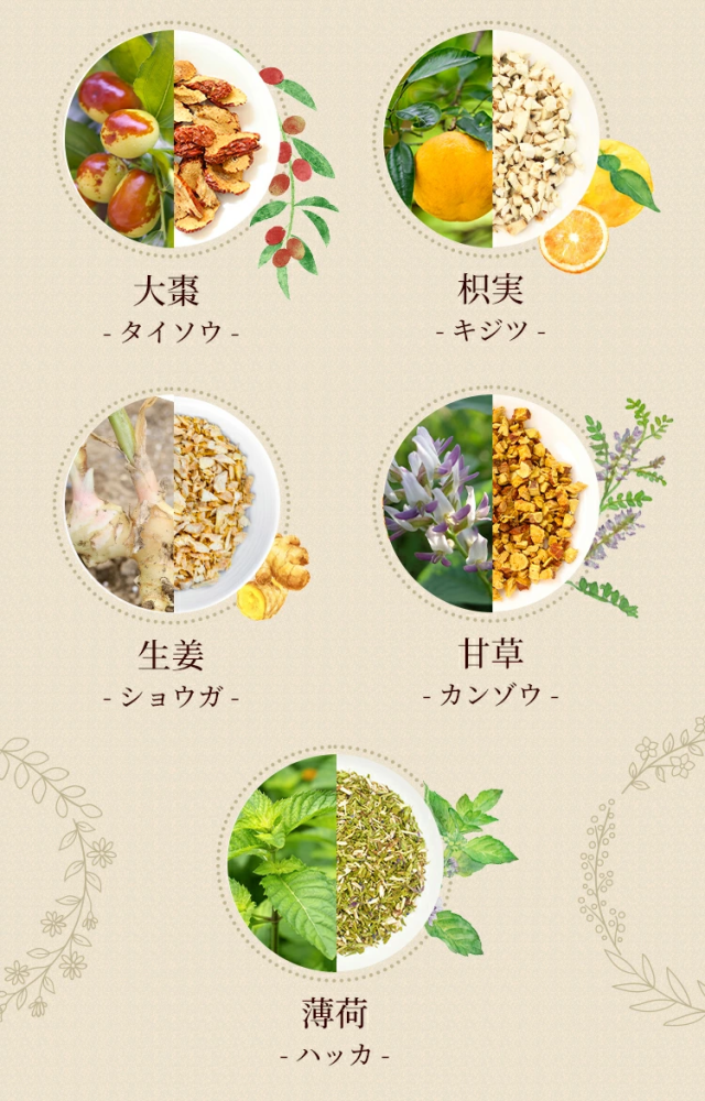 鶏血藤（ケイケットウ）紅花（コウカ）山梔子（サンシシ）麻子仁（マシニン）大棗 （タイソウ）枳実（キジツ）生姜（ショウキョウ）甘草（カンゾウ）薄荷（ハッカ）