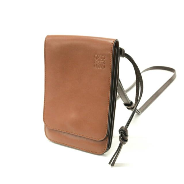 【Bランク】 ロエベ LOEWE フラット ガセット クロスボディ カーフレザー アナグラム 335.54Z33 ミニ ショルダーバッグ スマホショルダー フォンポーチ 斜め掛け 肩掛け ポシェット レディース メンズ ブラウン 中古 mbf15005