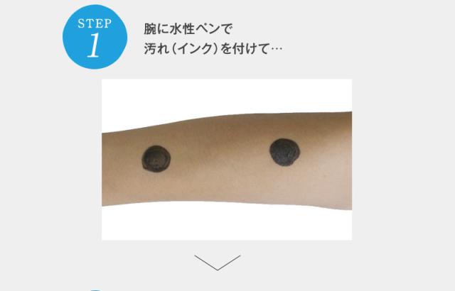 STEP1、腕に水性ペンで汚れをつけて