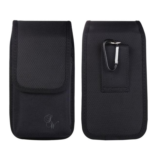 2段ポケット縦型スマホポーチ ベルト装着 ウエストポーチ マジックテープ カラビナフック ループ付き