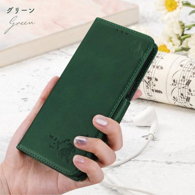 レザー調 ねこ ネコ 猫 スタンド ストラップ付き 落下防止 カード収納 定期 耐衝撃 レンズ保護