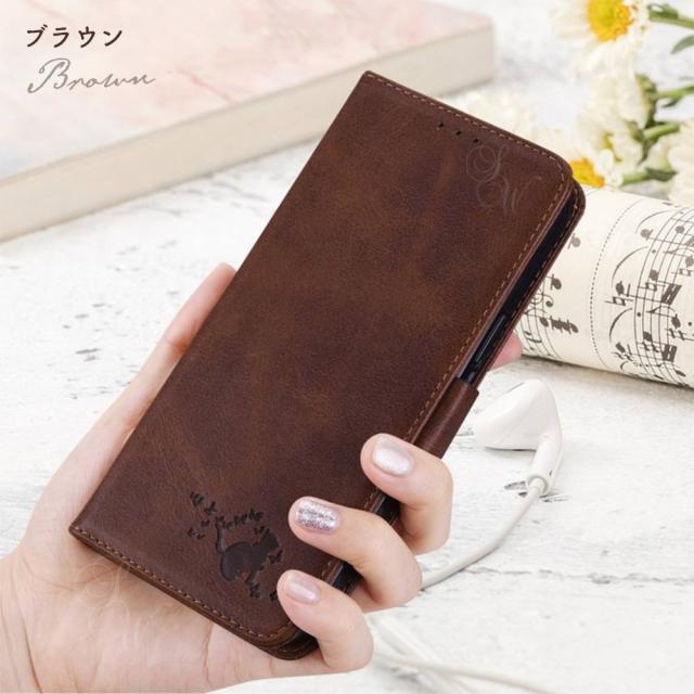 レザー調 ねこ ネコ 猫 スタンド ストラップ付き 落下防止 カード収納 定期 耐衝撃 レンズ保護