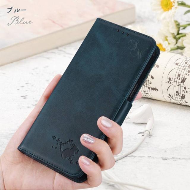 レザー調 ねこ ネコ 猫 スタンド ストラップ付き 落下防止 カード収納 定期 耐衝撃 レンズ保護