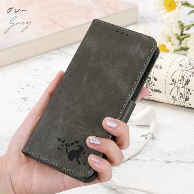 レザー調 ねこ ネコ 猫 スタンド ストラップ付き 落下防止 カード収納 定期 耐衝撃 レンズ保護