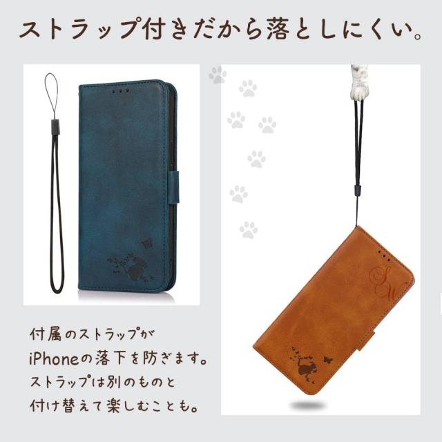 レザー調 ねこ ネコ 猫 スタンド ストラップ付き 落下防止 カード収納 定期 耐衝撃 レンズ保護