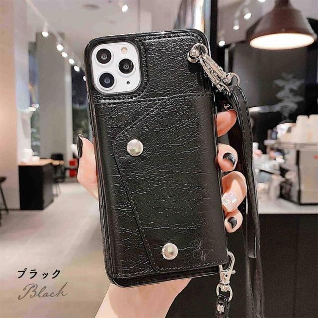 iPhone ケース シンプル レトロ レザー調 肩から下げる ショルダーストラップ付き 