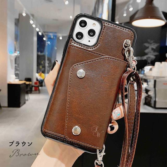 iPhone ケース シンプル レトロ レザー調 肩から下げる ショルダーストラップ付き 