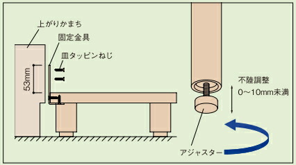 高さ調整のアジャスターと固定金具が付いている玄関用木製踏み台ステップ