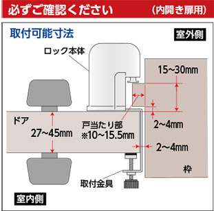 入られたくない部屋のカギに。内開き扉用室内錠スタンダード取付可能寸法