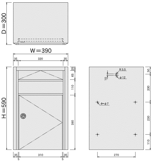 大型ステンレスポスト(大容量郵便受け箱)687ダイヤル鍵付きサイズ