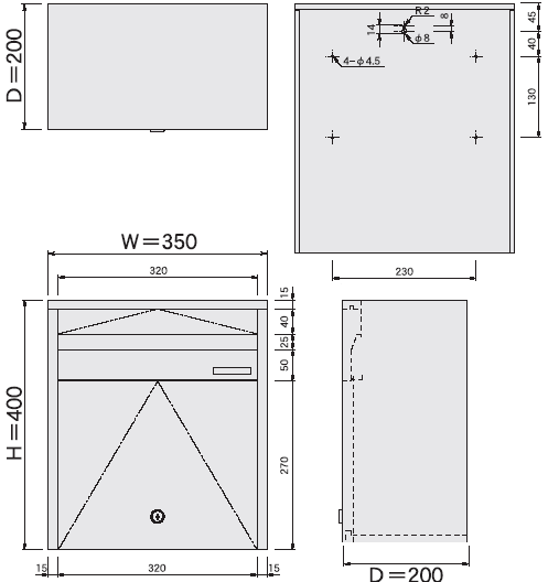 郵便受け箱ステンレスポスト680-サイズ