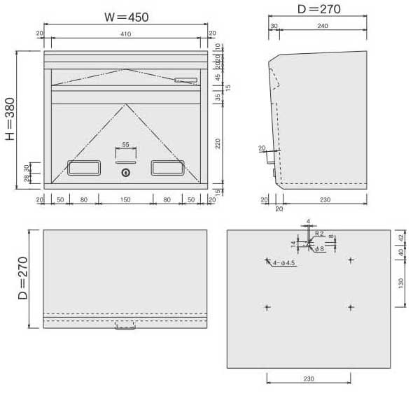 郵便受け箱(ステンレスポスト)682シリンダー鍵式サイズ
