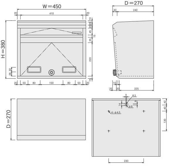 郵便受け箱(ステンレスポスト)682ダイヤル鍵式サイズ