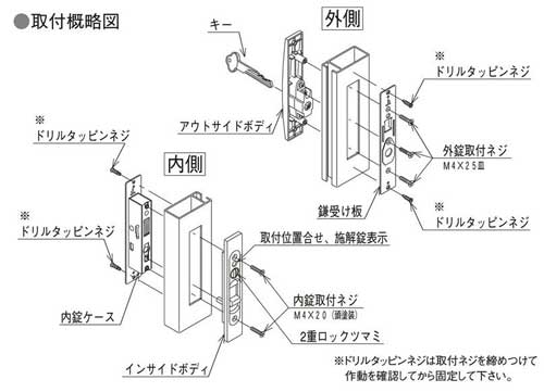 引き戸用取替錠(鍵)スタンダードタイプ取り付け概略図