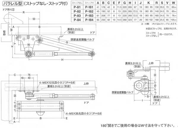 NEWSTAR(ニュースター)製ドアクローザー(ドアチェック)パラレル型サイズ表