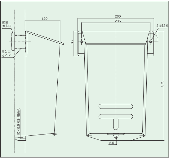 メールボックス（玄関ドア用郵便受け箱）BX-UF型サイズ