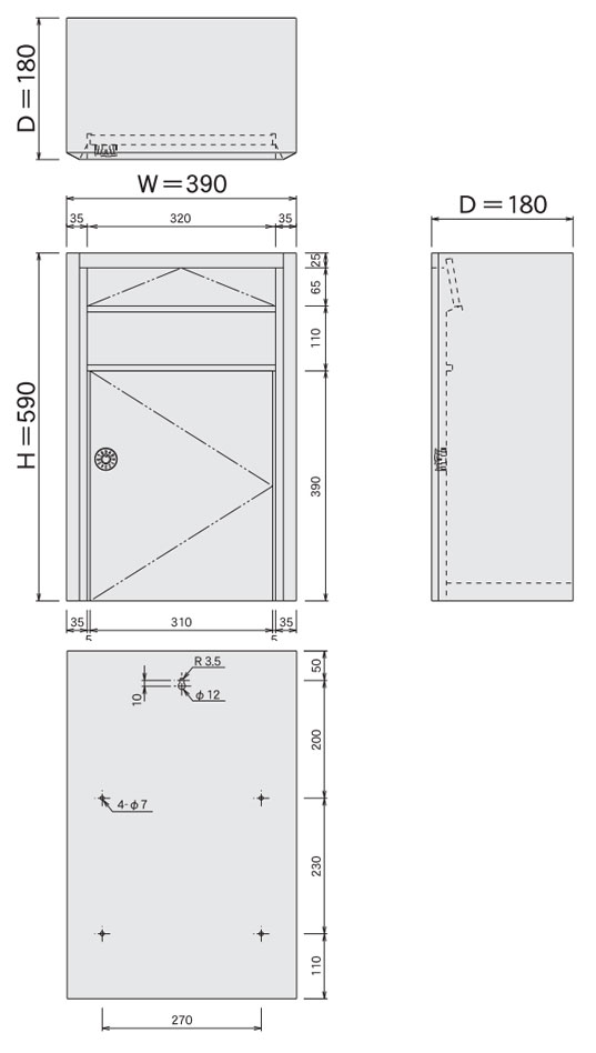 大型ステンレスポスト(大容量郵便受け箱)687ダイヤル鍵付きサイズ