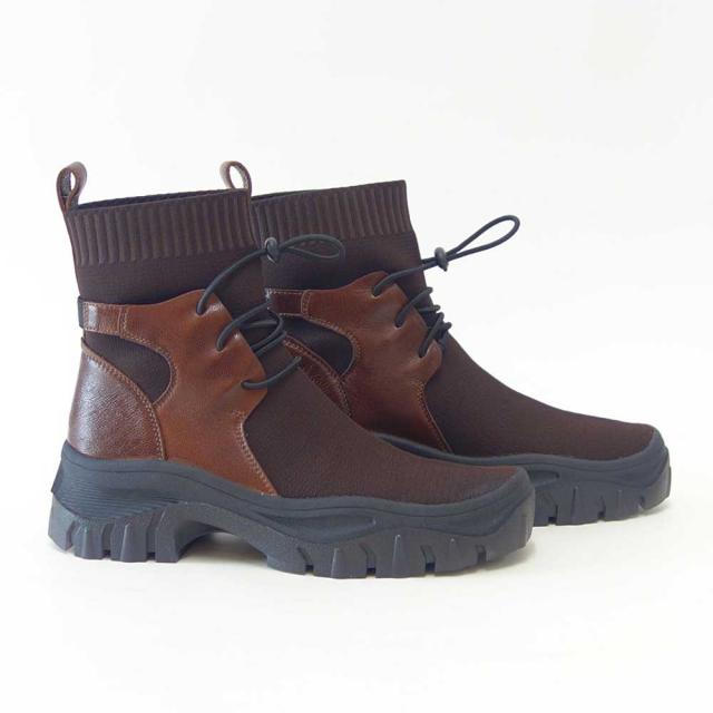 yuko imanishi ＋ ユーコ イマニシ＋ 716039 KIYO ブラウン 天然皮革 ゴムレース ストレッチブーツ ショートブーツ  展開サイズ 23.5cm 24cm 24.5cm「靴」