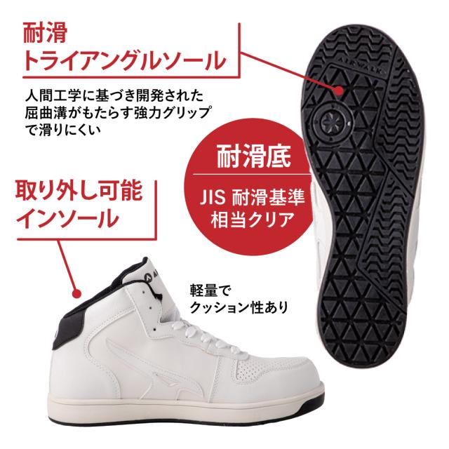 耐滑トライアングルソールが、強力グリップを生み出します。JIS耐滑基準相当クリア。取り外し可能なインソールはクッション性抜群