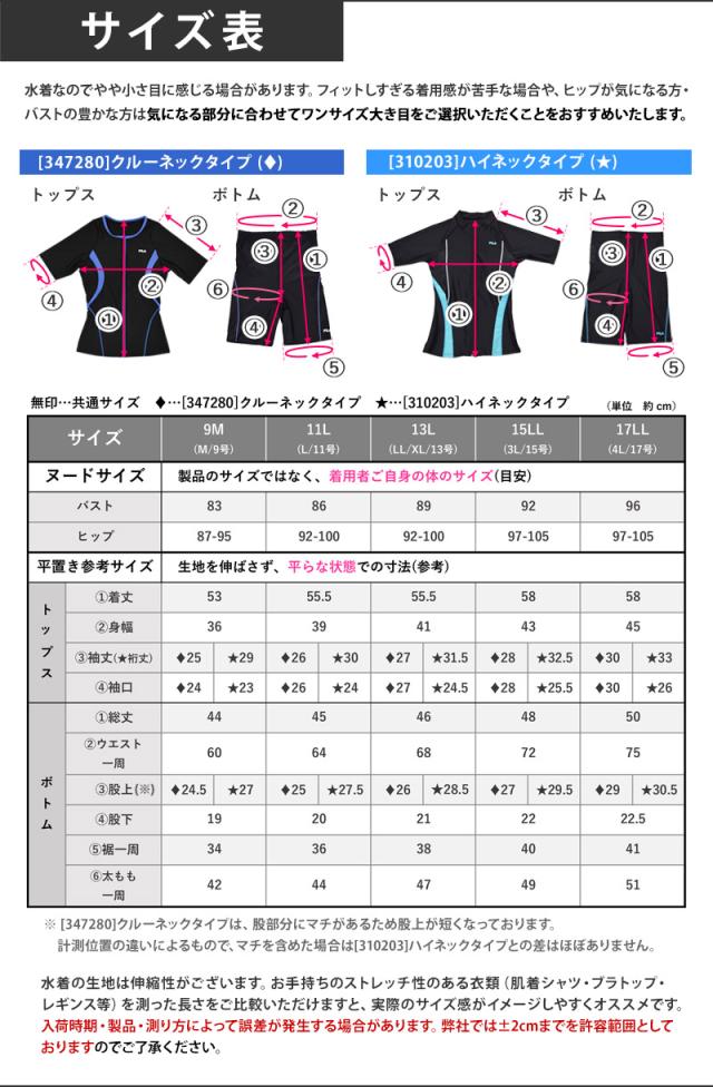 FILA半袖フィットネス水着サイズ表