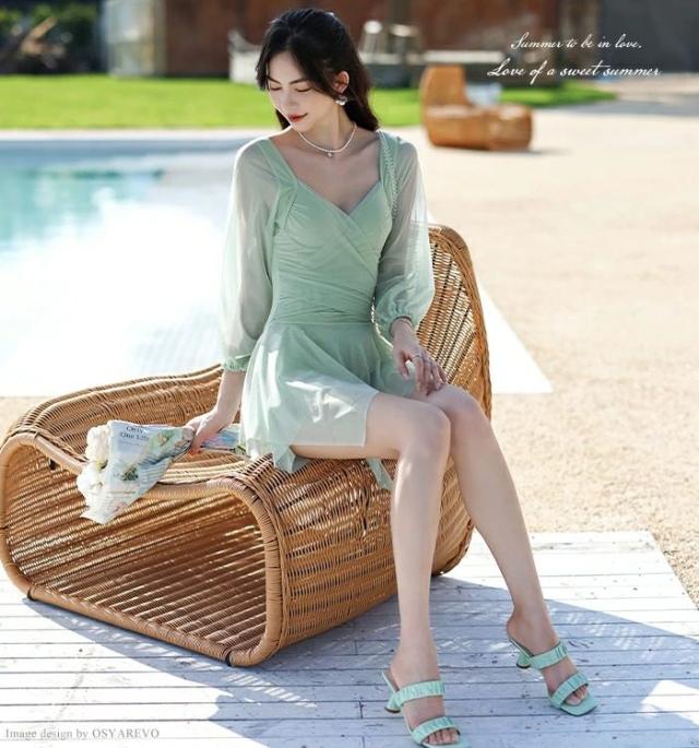 水着 レディース 体型カバー ワンピース 袖付き シースルースリーブ