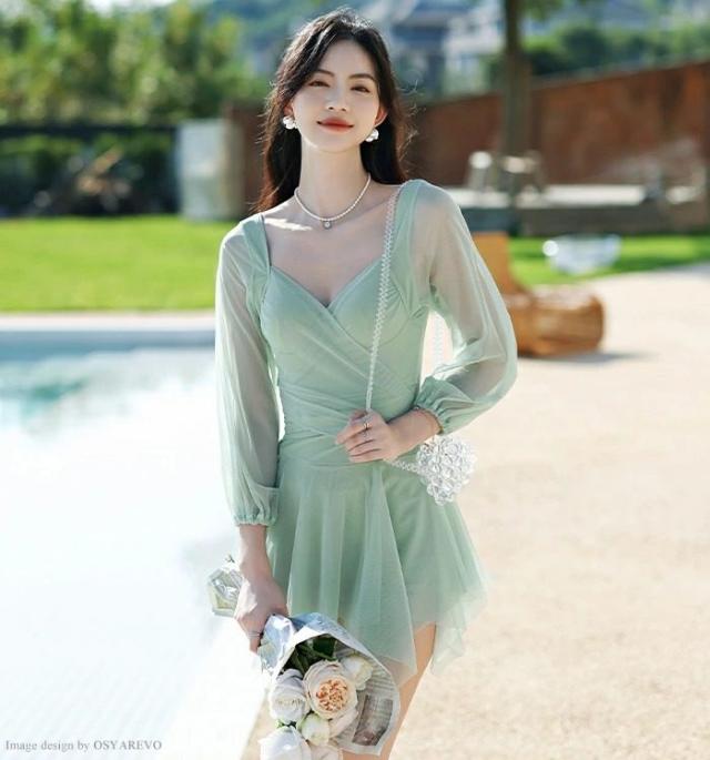 水着 レディース 体型カバー ワンピース 袖付き シースルースリーブ