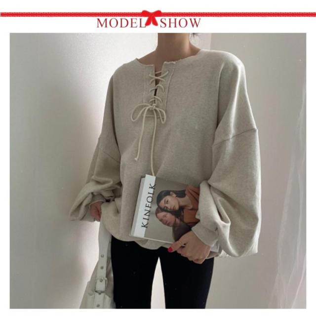 レースアップ プルオーバー ヘンリーネック Tシャツ トレーナー スウェット カットソー ボリューム袖 ランタンスリーブ ス スキッパ 送料無料 レースアップ プルオーバー ヘンリーネック Tシャツ