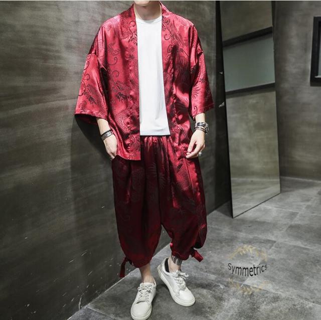 甚平 メンズ 夏 上下セット 浴衣風 作務衣 セットアップ 長袖 接触冷感