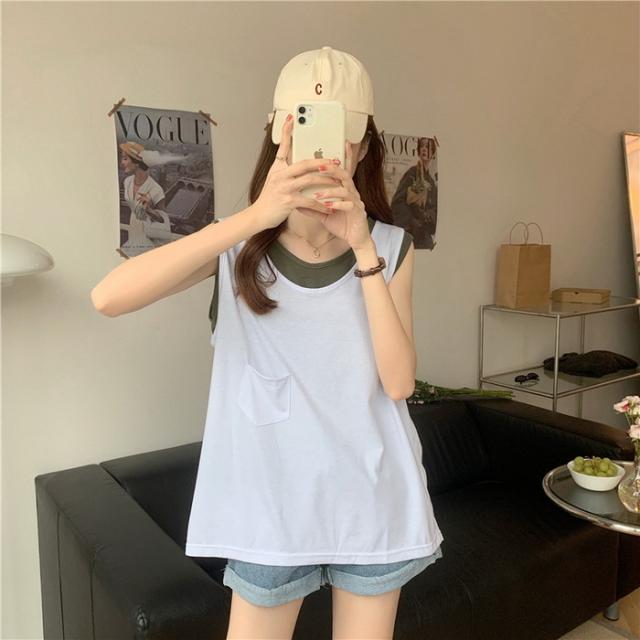 Ｔシャツ トップス レディース 40代 春夏新作 上品 白Ｔシャツ ノースリーブトップス ブラウス オシャレ 配色 切り替え カジュアル韓国風 ゆったり カットソー Tシャツ トップス レディース 40代 春夏新作 上品 白Tシャツ