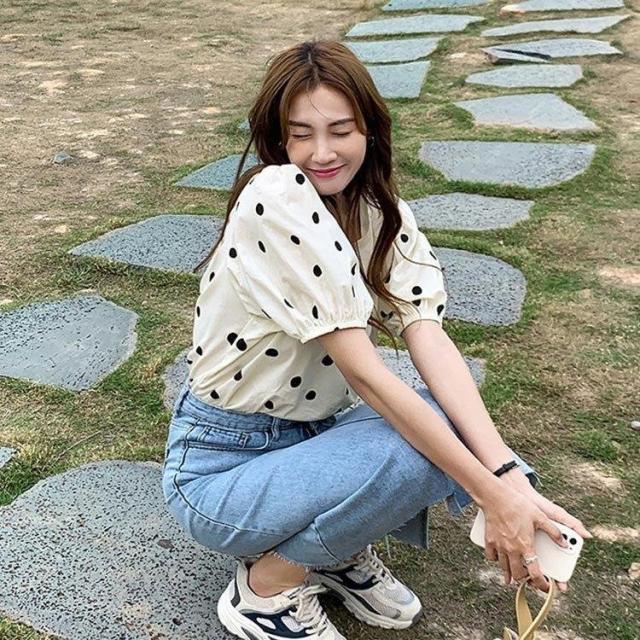 レディース おしゃれ ドット柄 韓国chic 半袖 パフスリーブ