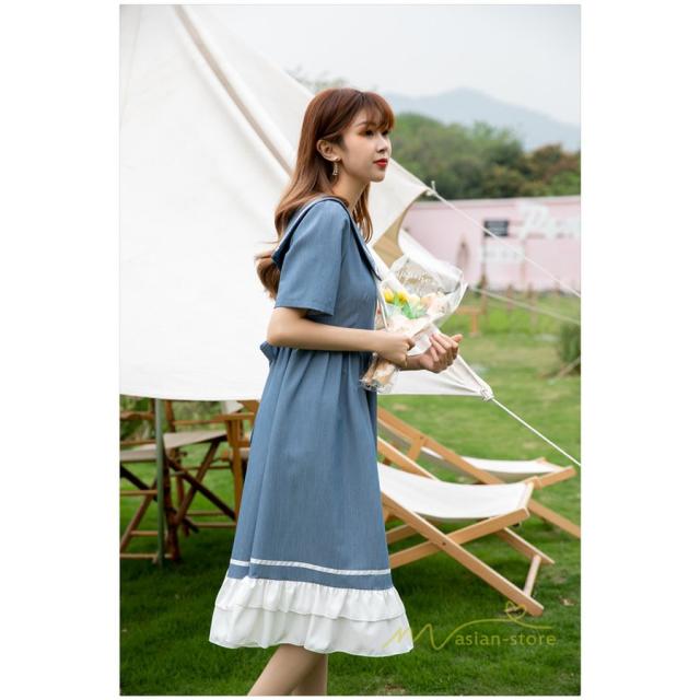 春夏 ワンピース 半袖 セーラーカラー ハーフスリーブ ロング丈