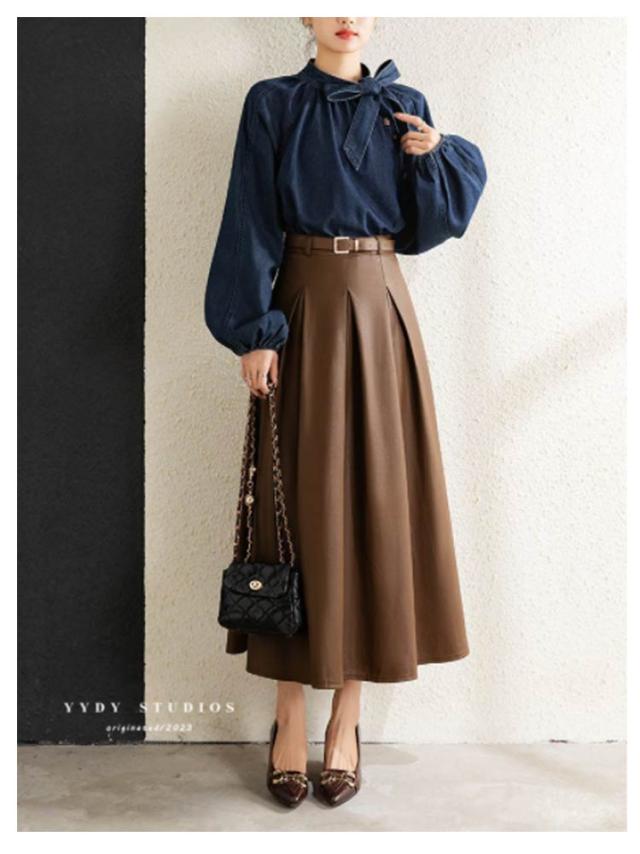 リボン付き ボリューム袖 長袖 デニムシャツ シャツブラウス ぽ