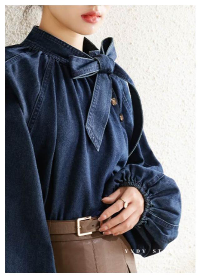 レディース リボン付き 40代 ぽわん袖 デニムブラウス シャツブラウス ボリューム袖 プルオーバー 長袖 ブラウス トップス 春新作  か レディース リボン付き 40代 ぽわん袖 デニムブラウス シャツ