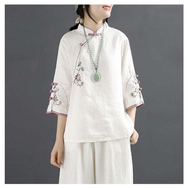 レディース ブラウス tシャツ トップス プルオーバー チャイナボタン 花柄刺繍 カットソー チュニック リネン 五分袖 夏服 チャイナ 綿麻 カジュアル ゆったり リネン ブラウス レディース 半袖 チャイナ風 ブラウス 花柄