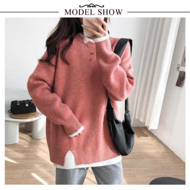 シンプル 秋 レイヤード モックネック ドッキングニット レディース  冬 長袖 オーバーサイズ ニット 重ね着 体型カバー セーター ボリュームニット ゆったり リ シンプル 秋 レイヤード モックネック ドッキングニット