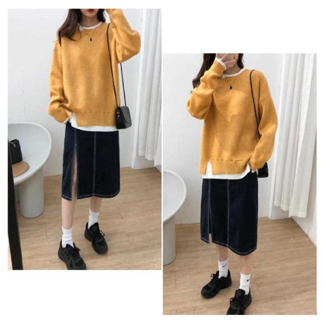 シンプル 秋 レイヤード モックネック ドッキングニット