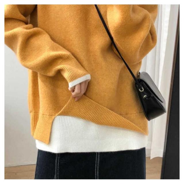 シンプル 秋 レイヤード モックネック ドッキングニット