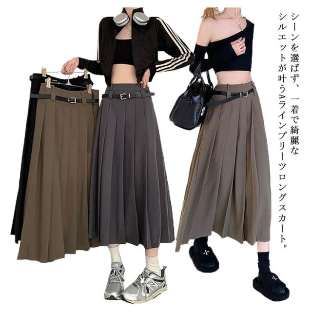送料無料 ボトムス ひざ下 プリーツスカート レディース ベルト付
